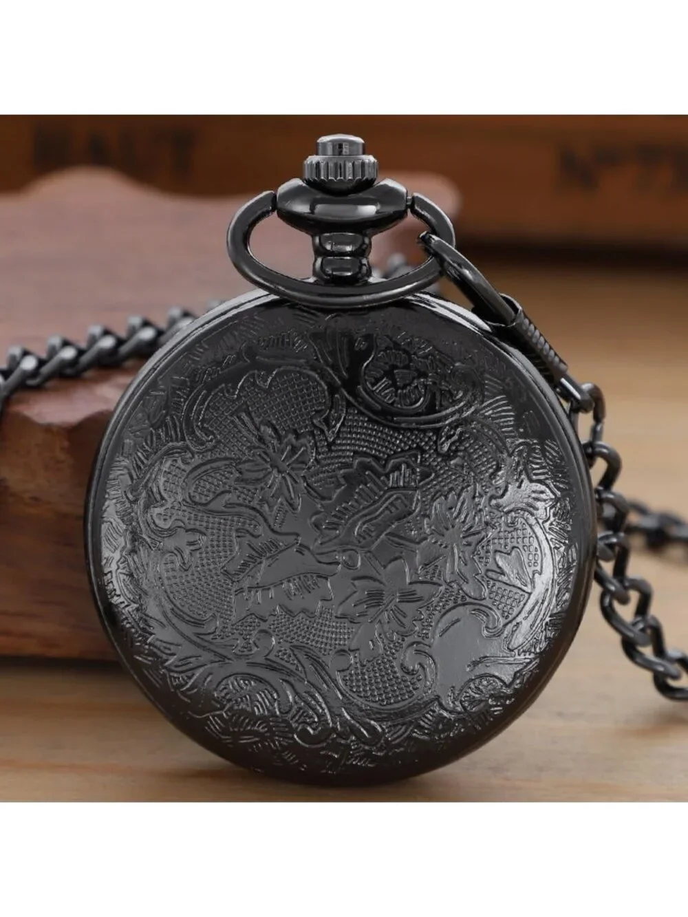 Men's All Black Analog Quartz Arabic Numeral Moon Phase Chain Dial Pocket Watch